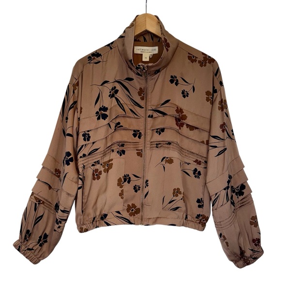 saltwater LUXE Floral Satin Zip Bomber Jacket Coat Tan Asherton Boho Festival M - Picture 2 of 16